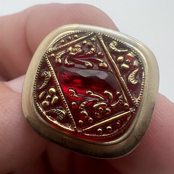 MENS VINTAGE INTRICATE PATTERNED RED GEM GOLD TONE‎ CUFF LINKS - Picture 2 of 5